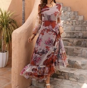 Pink purple floral mesh overlay gown